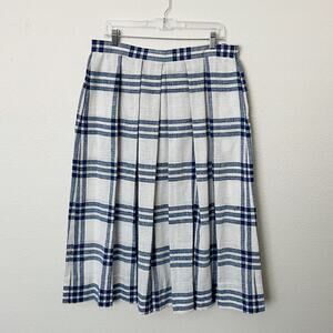 [Vintage] 60s Size Large L White & Blue Plaid Print Pleated Midi Skirt